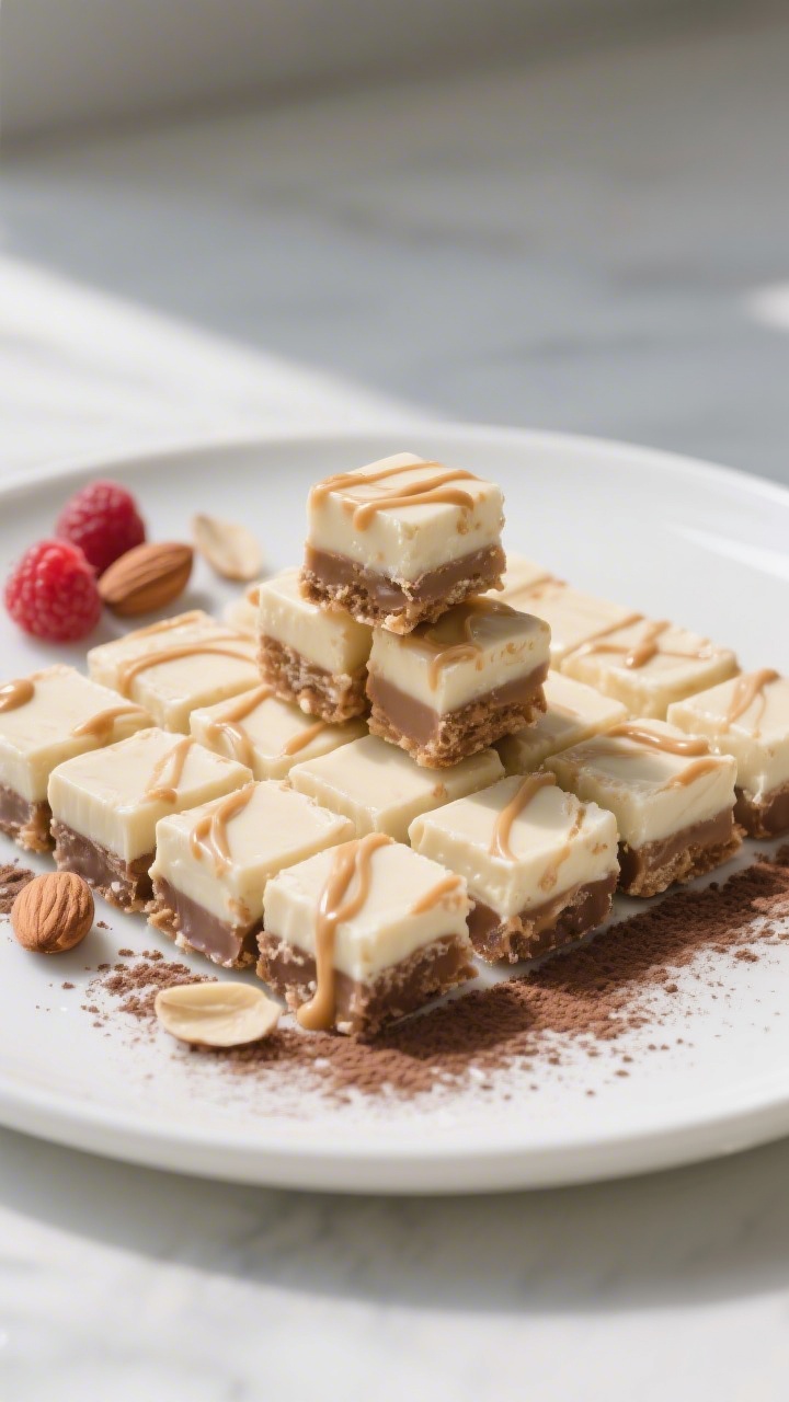 Final dish presentation: Beautifully plated chilled bars cut into neat 16 squares on a matte white p