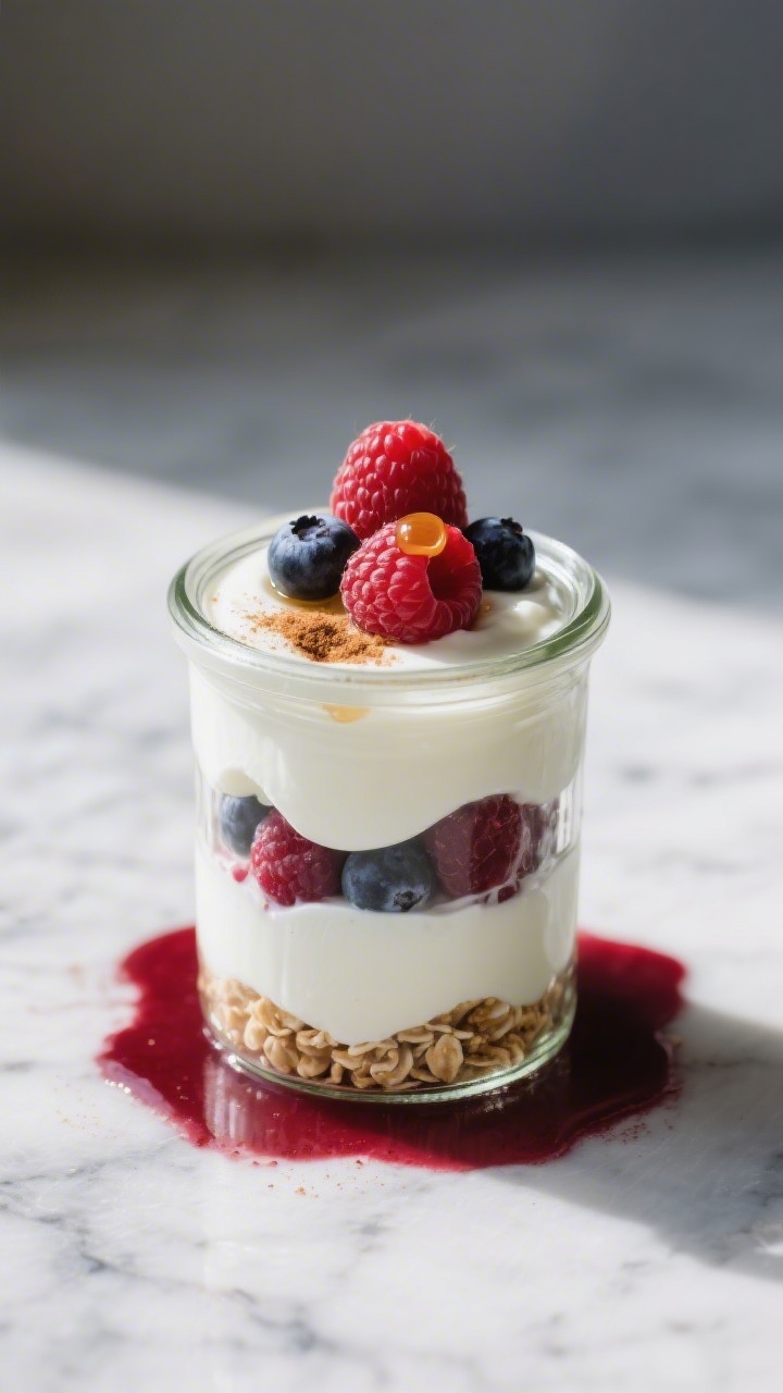 Final dish presentation: Beautifully plated creamy yogurt berry parfait fully assembled in a clear j