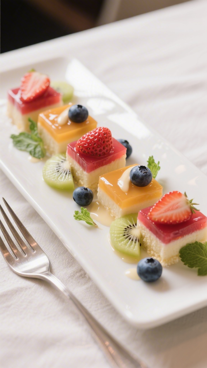 Final dish presentation: Beautifully plated jelly dessert squares on a matte white rectangular plate