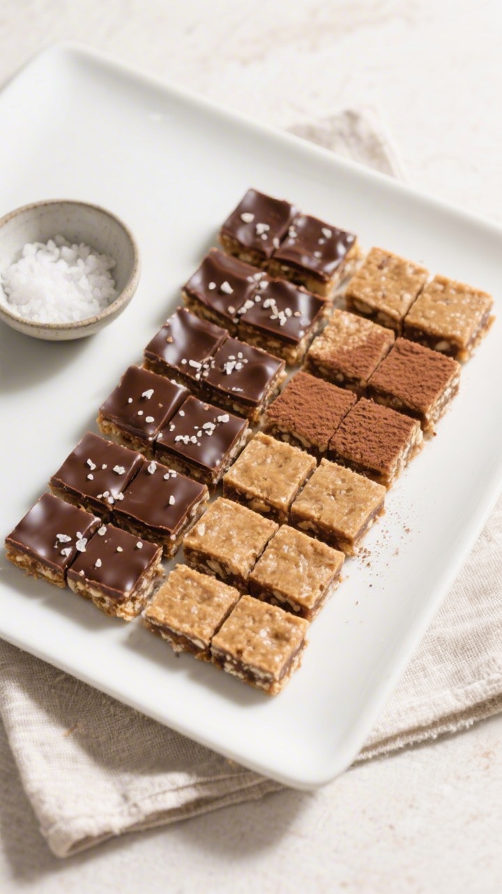 Final dish presentation: Beautifully plated no-bake date bars cut into neat 16 squares, arranged in 