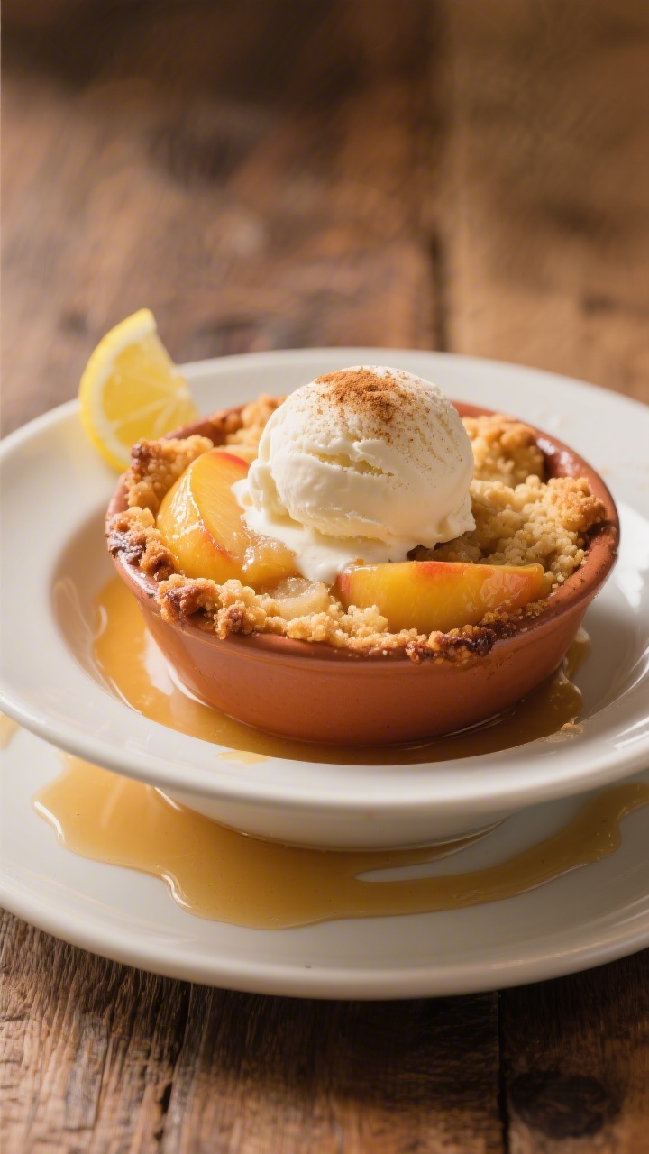 Final dish presentation: Beautifully plated peach cobbler à la mode—generous scoop of golden cobb