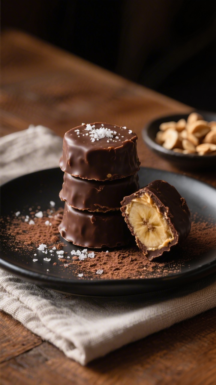 Final dish presentation: Beautifully plated stack of Chocolate Peanut Butter Banana Freezer Bites on