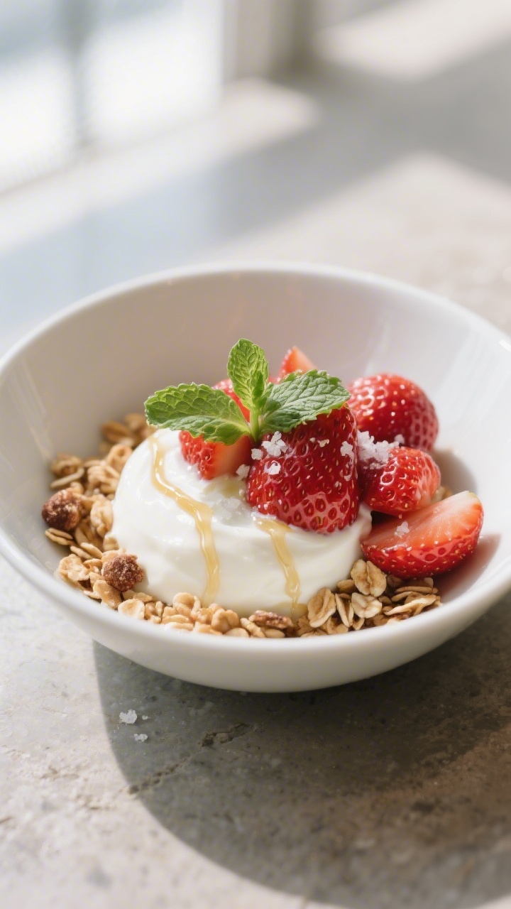 Final dish presentation: Beautifully plated strawberry treat in a shallow white bowl—smooth pillow