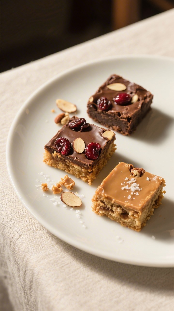 Final dish presentation: Beautifully plated trio of blondie squares on a matte white plate—one Tri