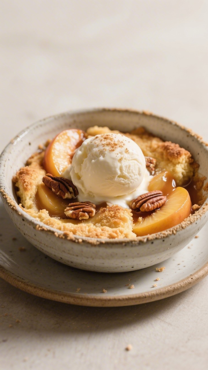 Final dish presentation: Beautifully plated warm dessert in a rustic stoneware bowl, topped with a g