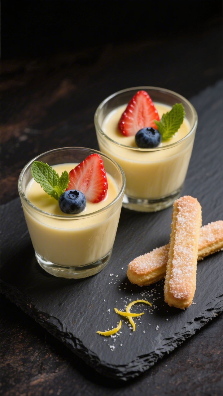 Final dish presentation: Elegant plated lemon posset service for two on a dark slate board—two pet