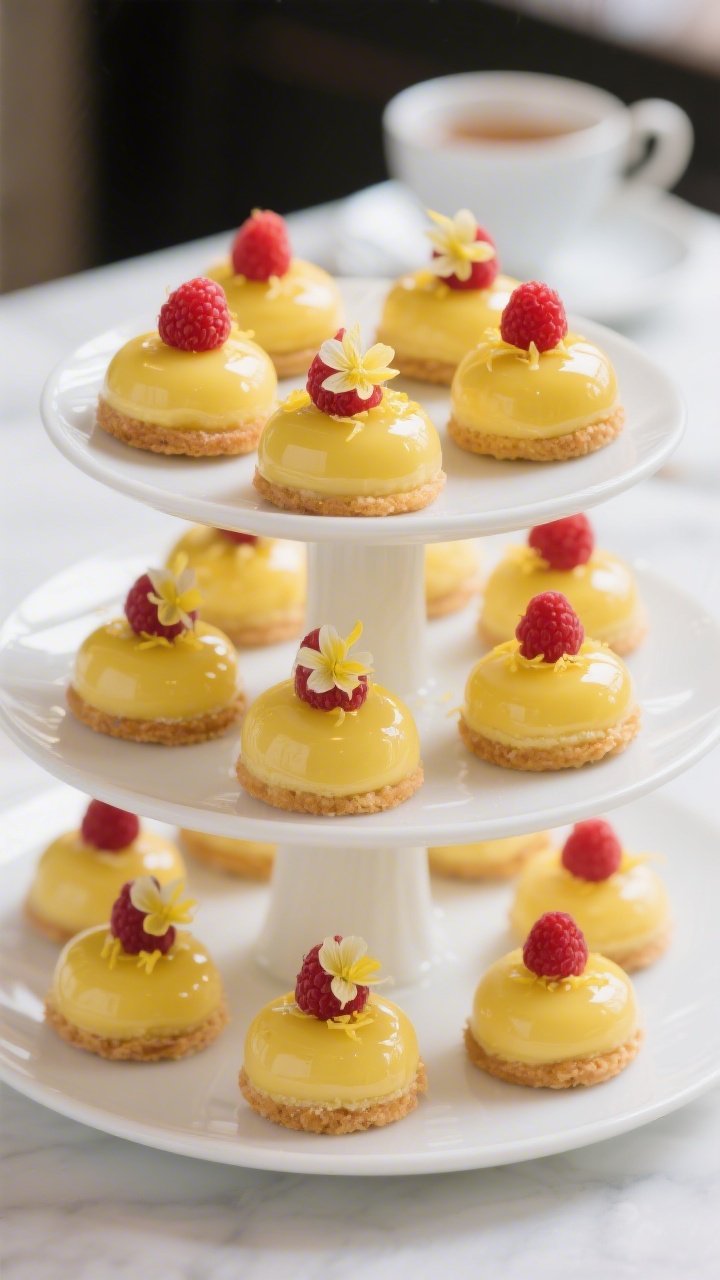 Final dish presentation: Elegantly plated lemon-raspberry tea cakes on a white tiered stand, each wi
