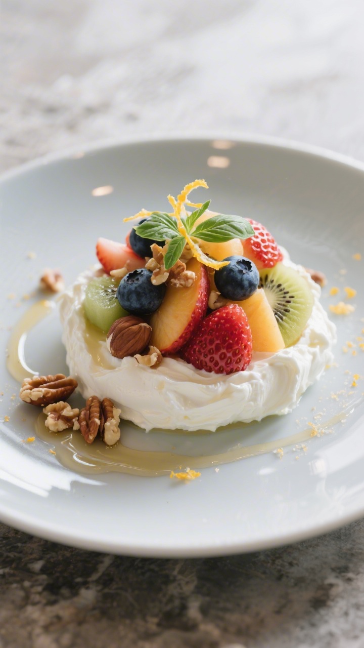 Final dish presentation: Individual dessert plate with a swoosh of creamy ricotta topped with a moun