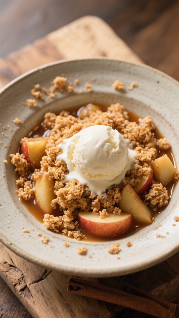 Final dish presentation: Restaurant-quality bowl of warm apple crumble served à la mode—scoop of