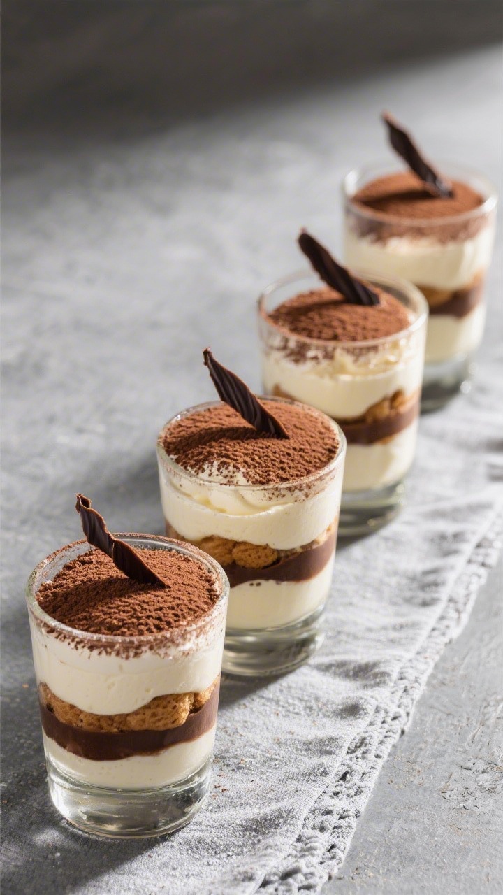 Final dish presentation: Restaurant-quality dessert glasses (4–6 portions) lined up in a staggered