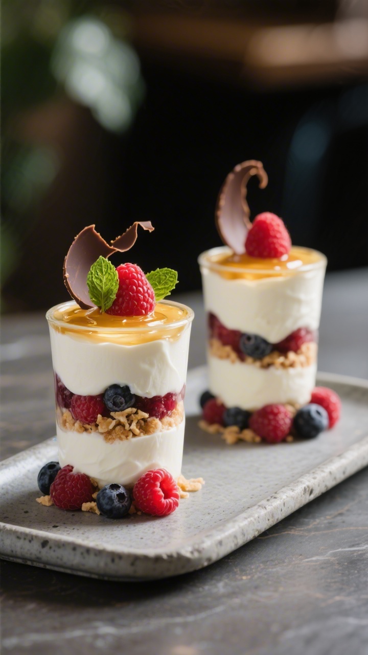 Final dish presentation: Restaurant-quality plated parfait duo on a matte stone tray—tall, clean l