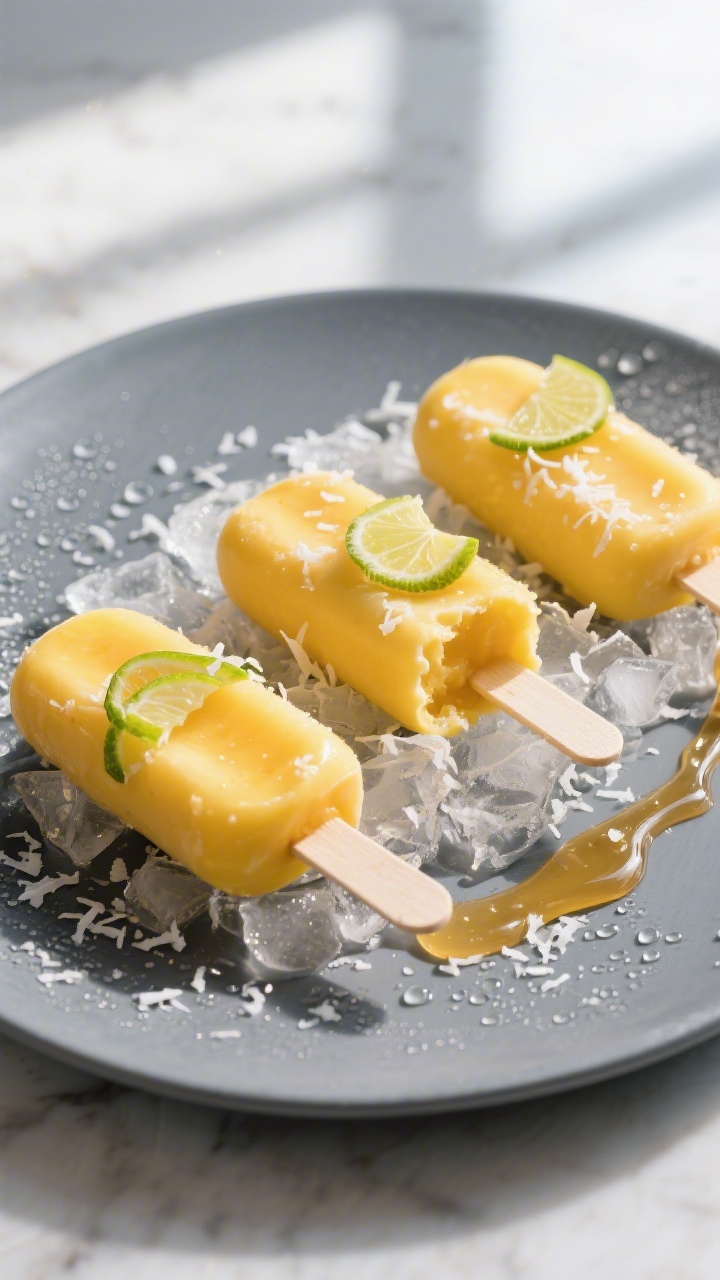 Final dish presentation: Restaurant-quality plated arrangement of three Mango Yogurt Pops on a slate