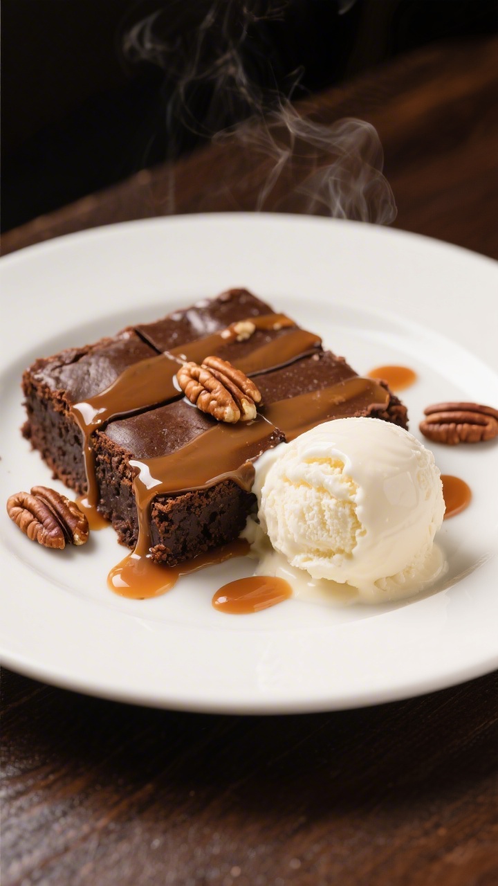 Final dish presentation: Restaurant-quality plated brownie square served slightly warm with a scoop 
