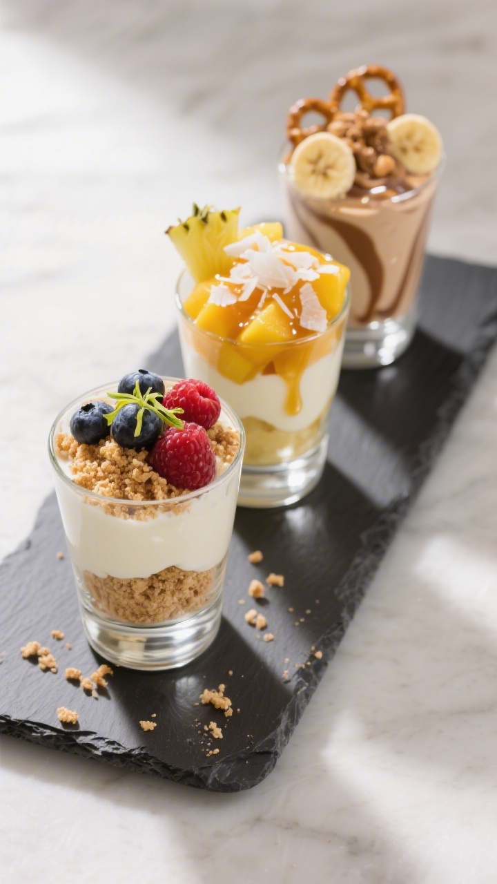 Final dish presentation: Restaurant-quality plated parfait trio featuring variation options—Berry 
