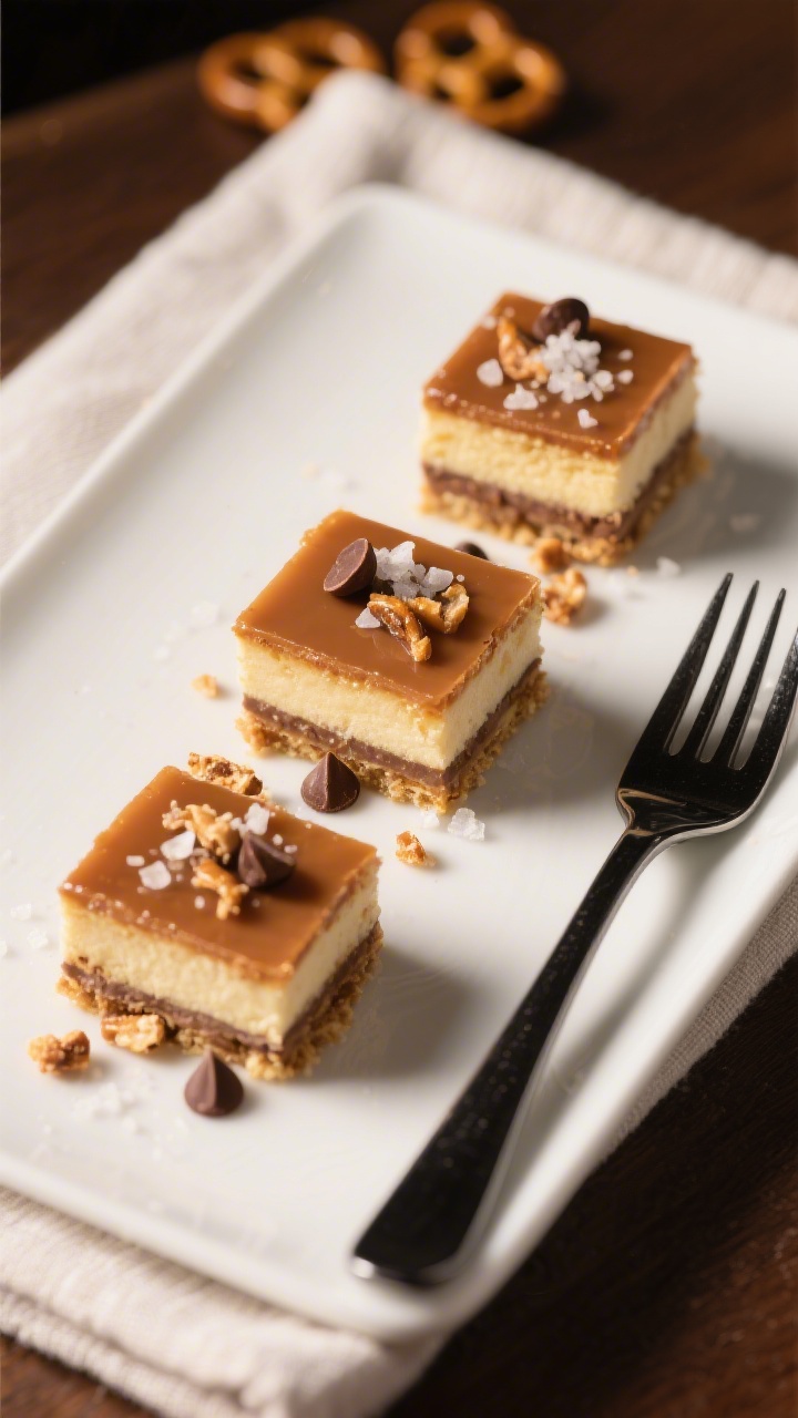 Final dish presentation: Restaurant-quality plated trio of small, neat squares arranged in a stagger
