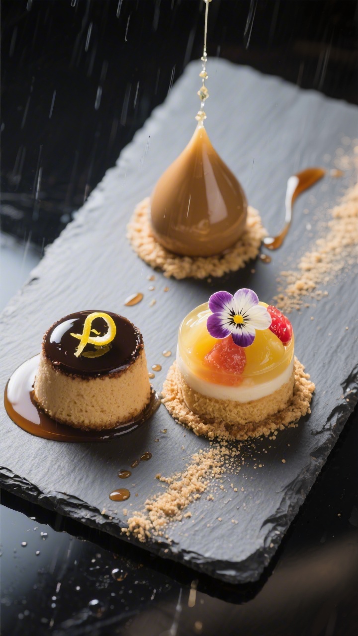 Final dish presentation: Restaurant-quality plating of two raindrop cakes side-by-side on a sleek re