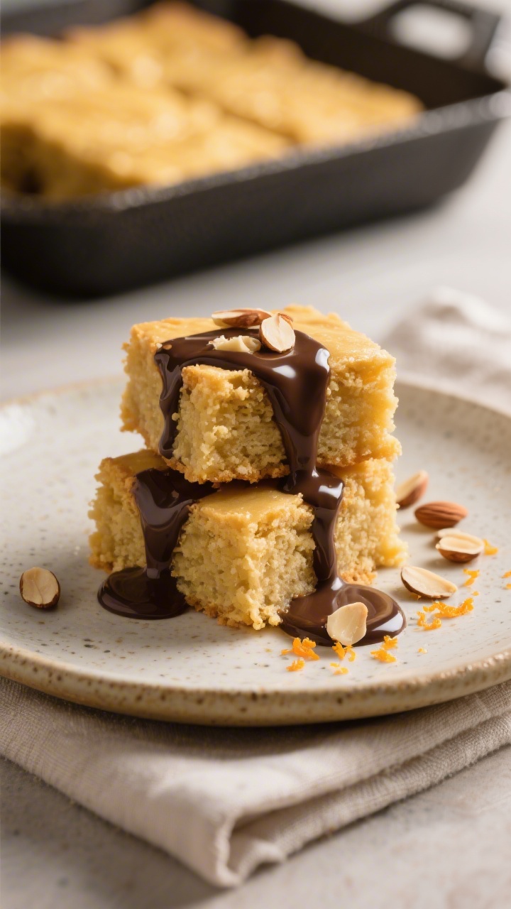 Final dish presentation: Restaurant-quality plating of two almond blondie squares stacked slightly a