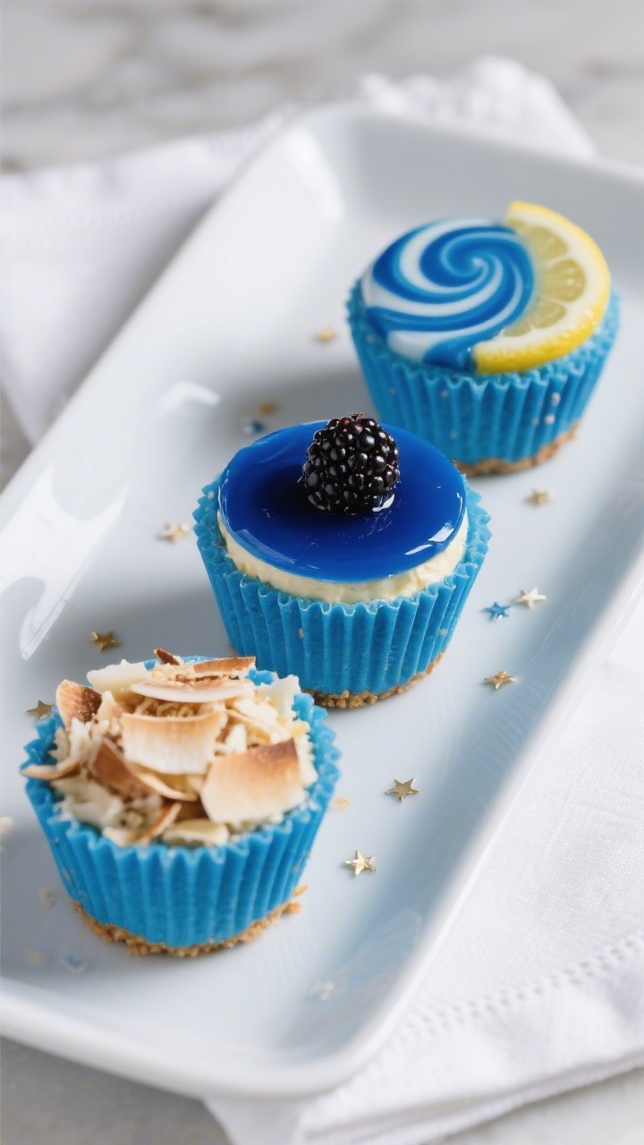 Final dish presentation: Restaurant-quality trio of blue no-bake cheesecake cups on a matte white tr