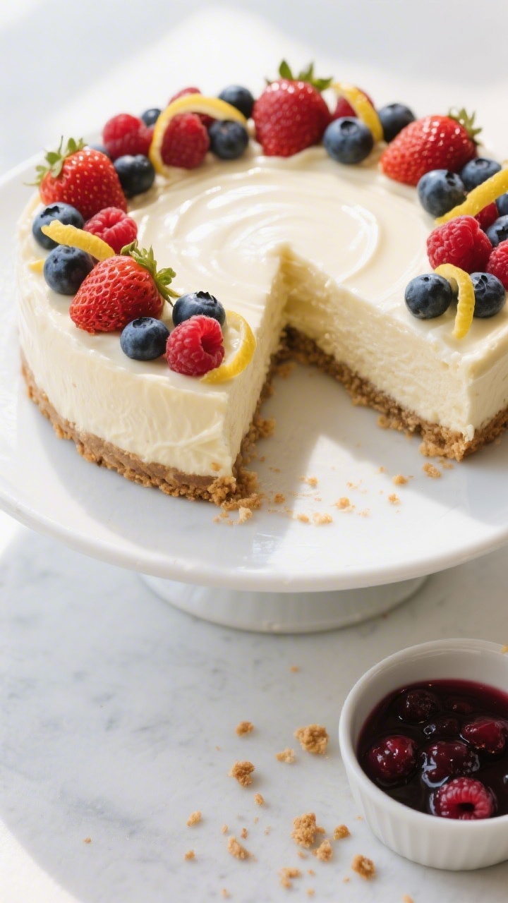 Final dish presentation: Restaurant-quality whole cheesecake on a matte white cake stand, topped wit