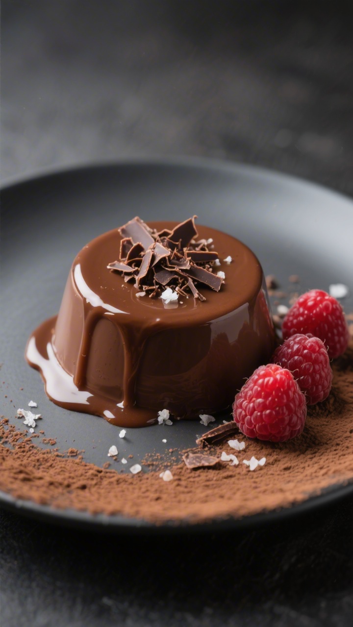 Final dish presentation: Restaurant-style plated chocolate panna cotta unmolded onto a matte charcoa