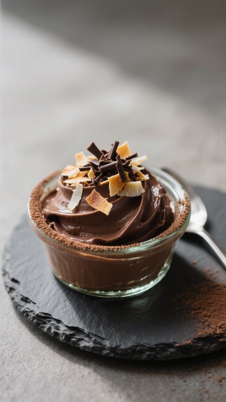 Final dish presentation: Single serving of dairy- and gluten-free chocolate mousse scooped into a lo