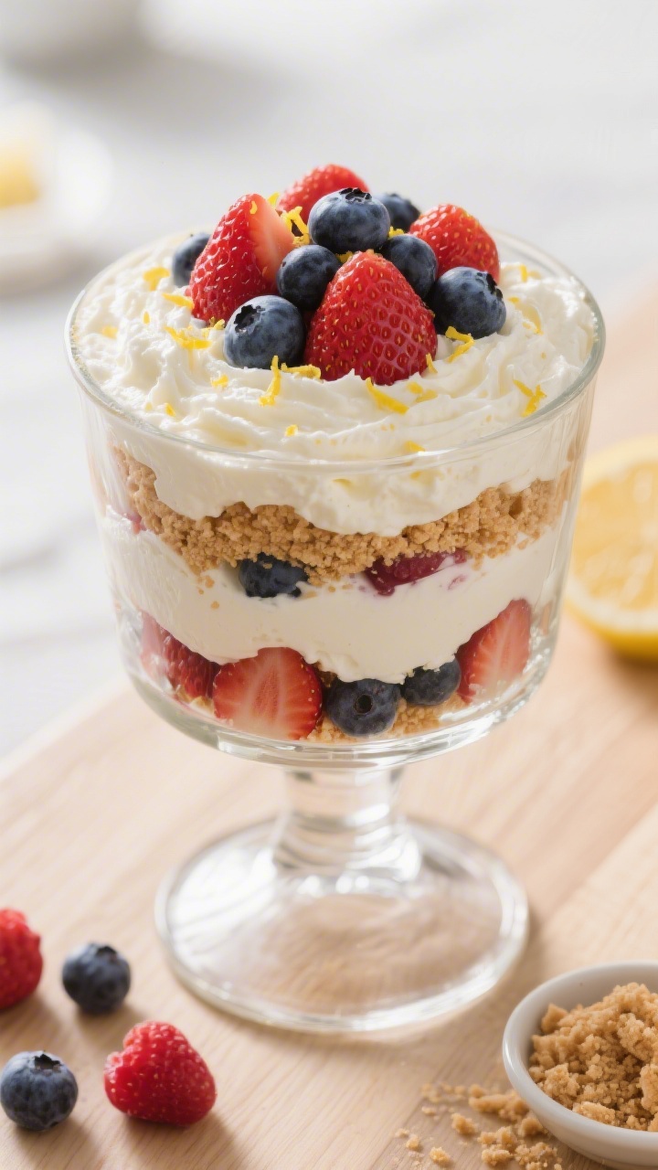 Final dish presentation: Tasty top-down trifle display of Berry Cheesecake Fluff variation in a glas