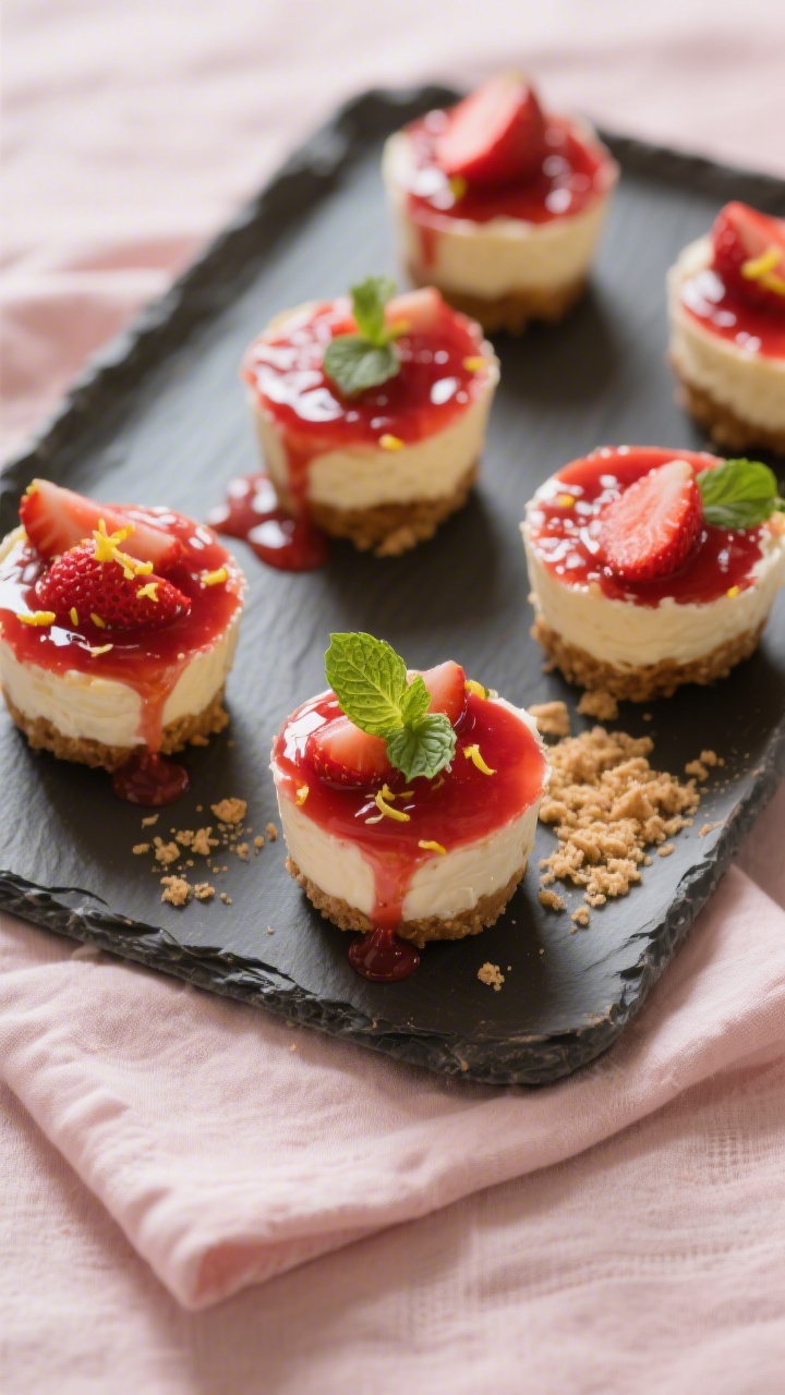 Final dish presentation: Tasty top-view party spread of finished no-bake strawberry cheesecake cups 