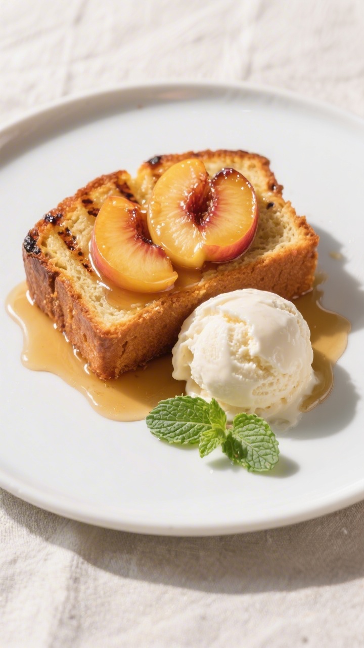 Final dish, tasty top view: Overhead shot of a plated grilled pound cake dessert—one warm slice to