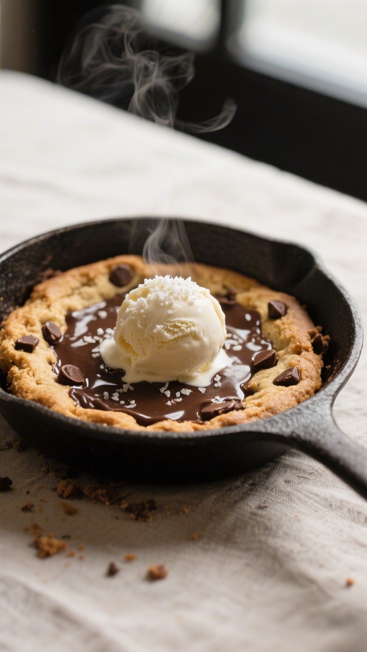 Final dish — Warm chocolate chip skillet cookie just out of the oven with crisp golden edges and a