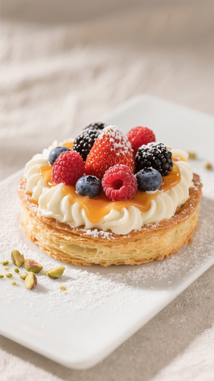Final plated beauty shot: Bakery-style puff pastry tart filled with silky mascarpone-vanilla cream p