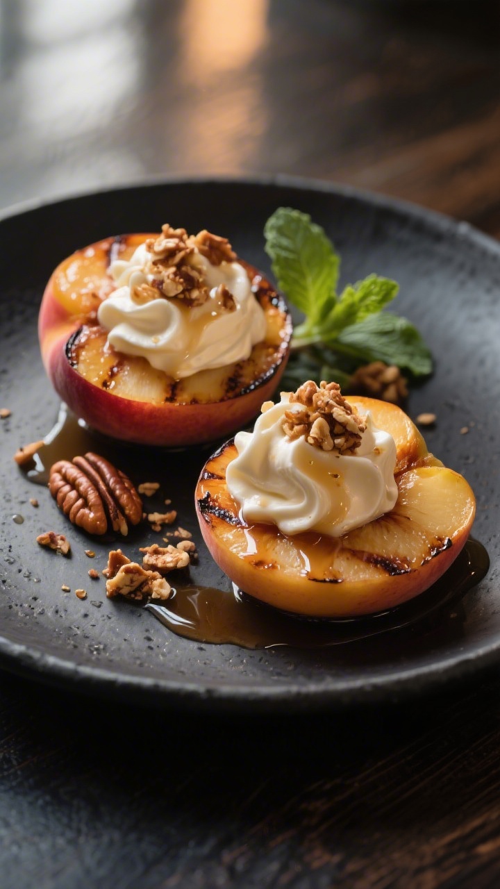 Final plated dessert beauty shot: Two grilled peach halves set cut side up on a matte charcoal plate