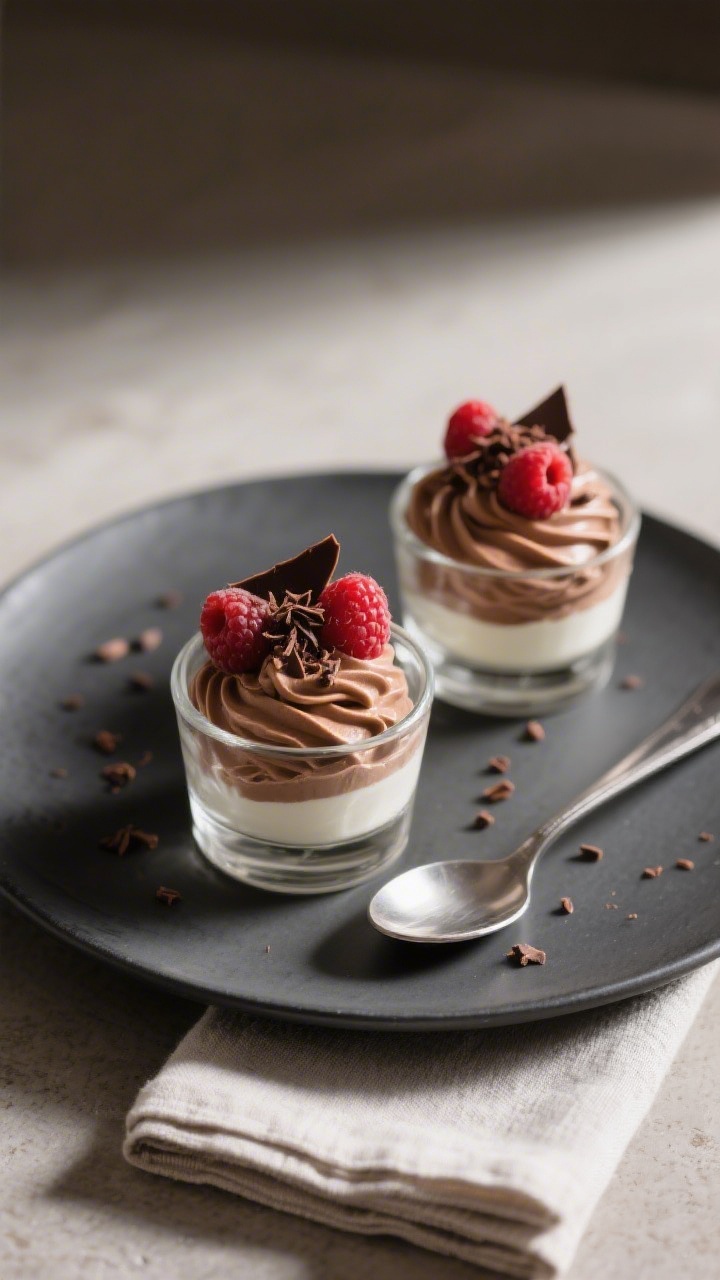 Final plated dessert: Creamy Greek Yogurt Chocolate Mousse scooped into two small clear dessert glas