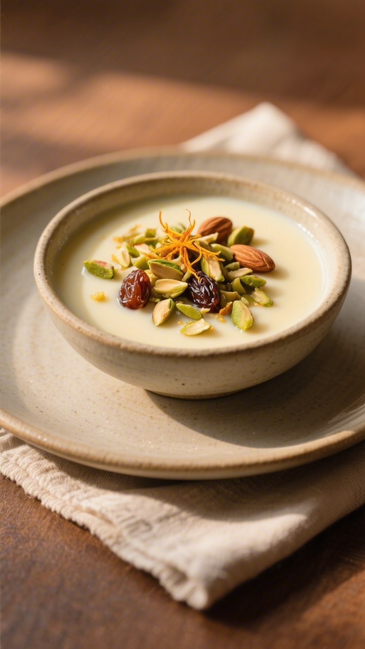 Final plated dessert: Elegant bowl of rich, creamy Indian milk pudding served warm, garnished with a