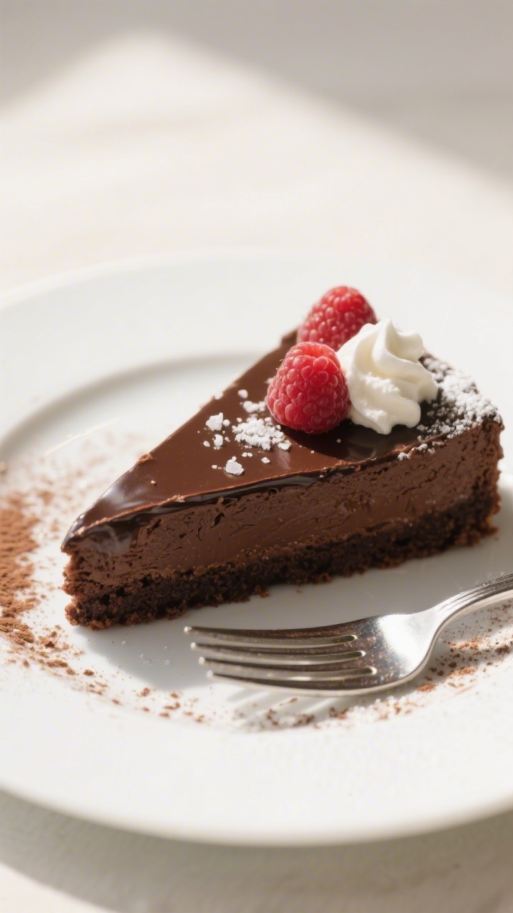 Final plated dessert: Elegant slice of flourless chocolate torte on a white ceramic plate, dense and