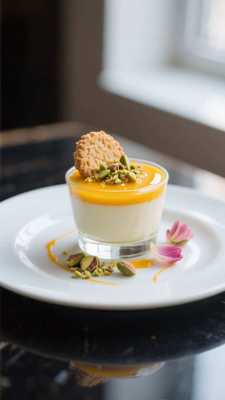 Final plated dessert, modern presentation: Kulfi-inspired panna cotta set in a clear low glass, topp