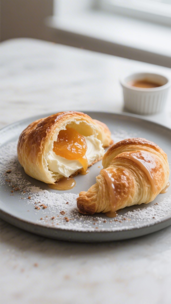 Final plated dessert presentation: two warm crescent rolls on a modern dessert plate, one torn open 
