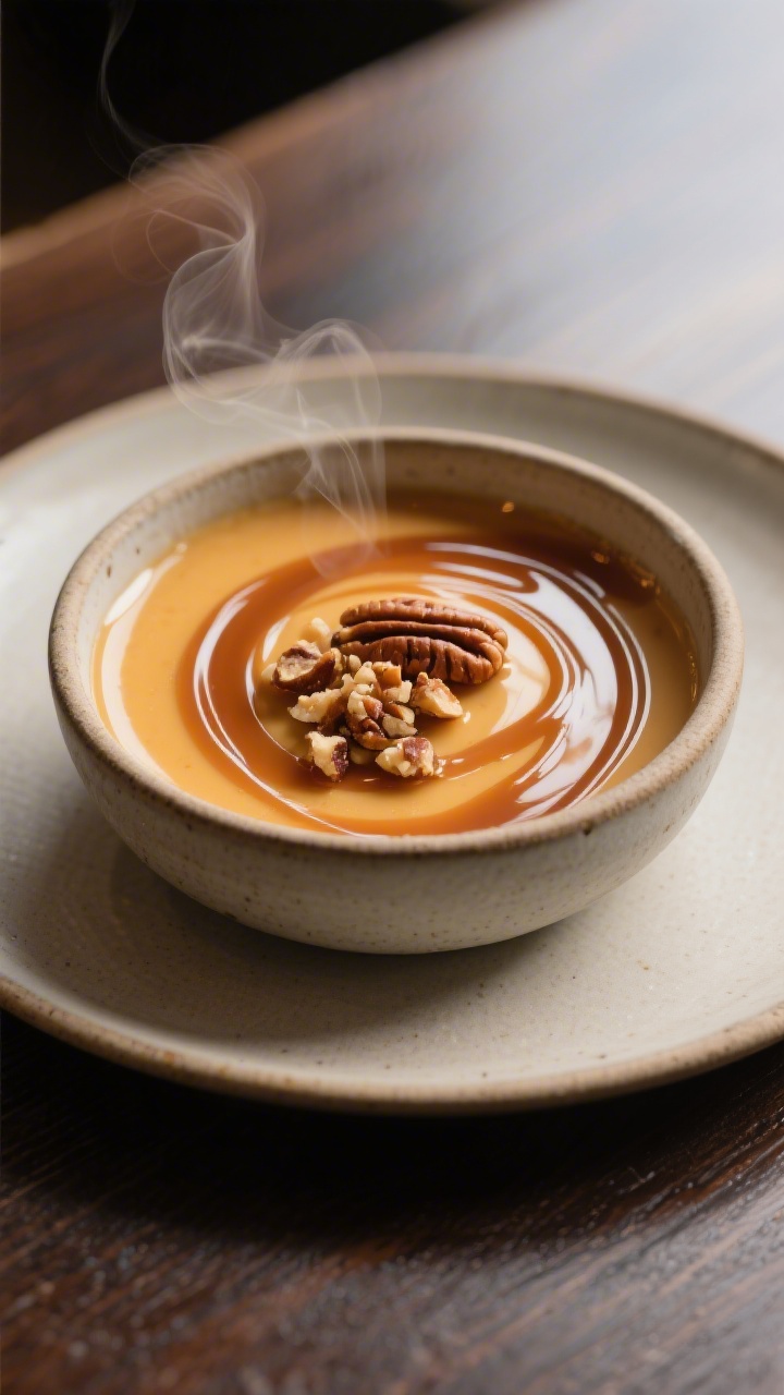 Final plated elegance: Beautifully plated butterscotch dessert served warm in a shallow ceramic bowl