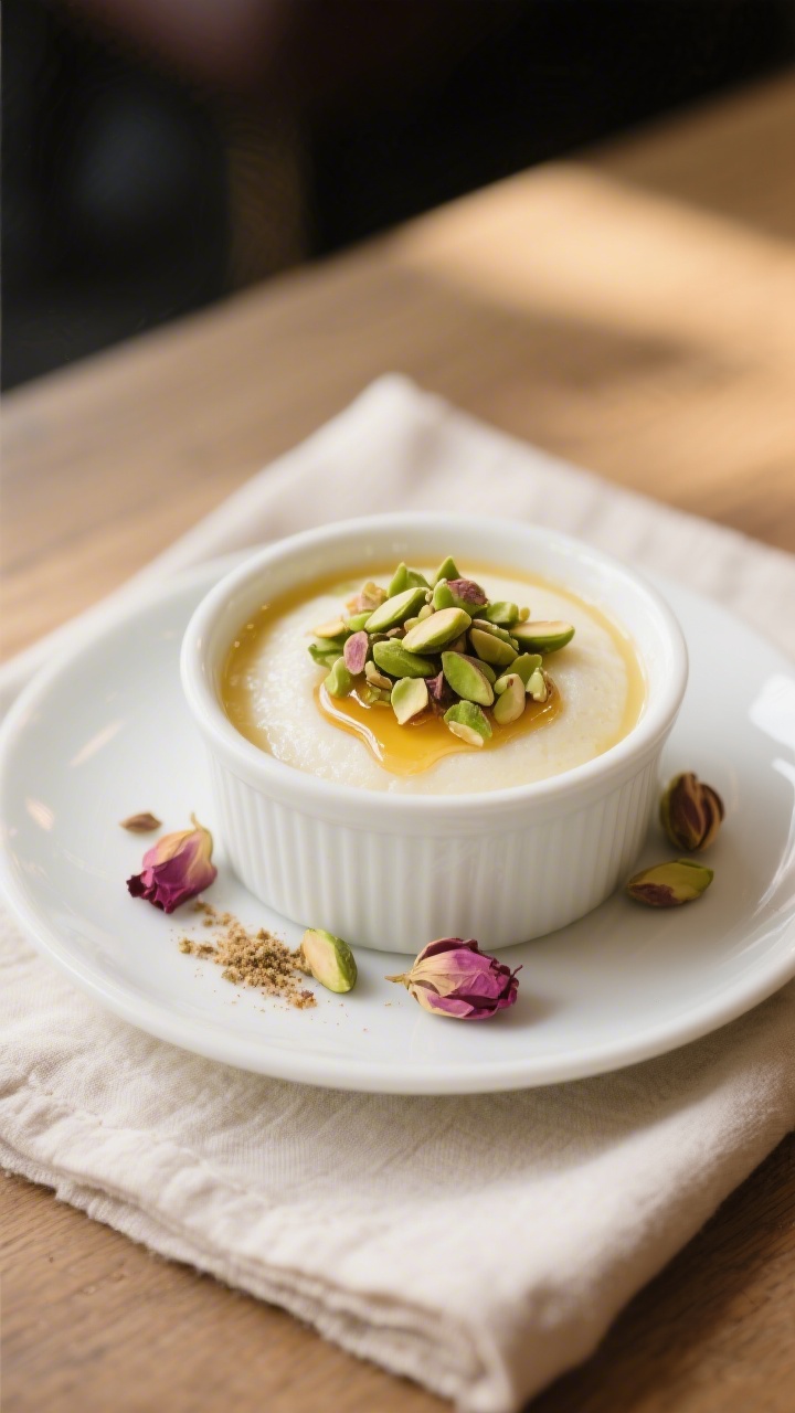 Final plated elegance: Beautifully set muhallebi in small white porcelain ramekins, topped with a ne