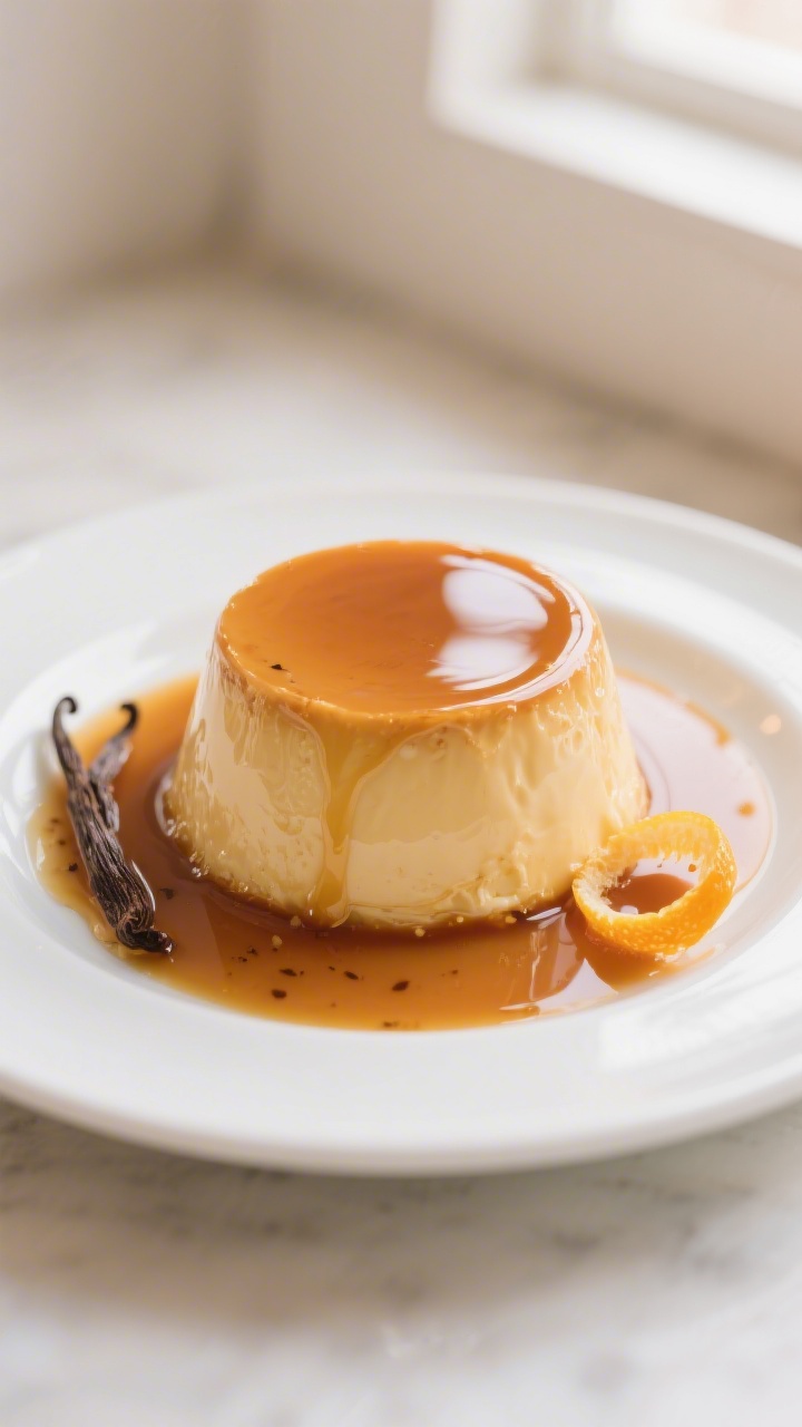 Final plated hero shot: Unmolded Classic Flan de Huevo on a simple white rimmed plate, perfectly smo