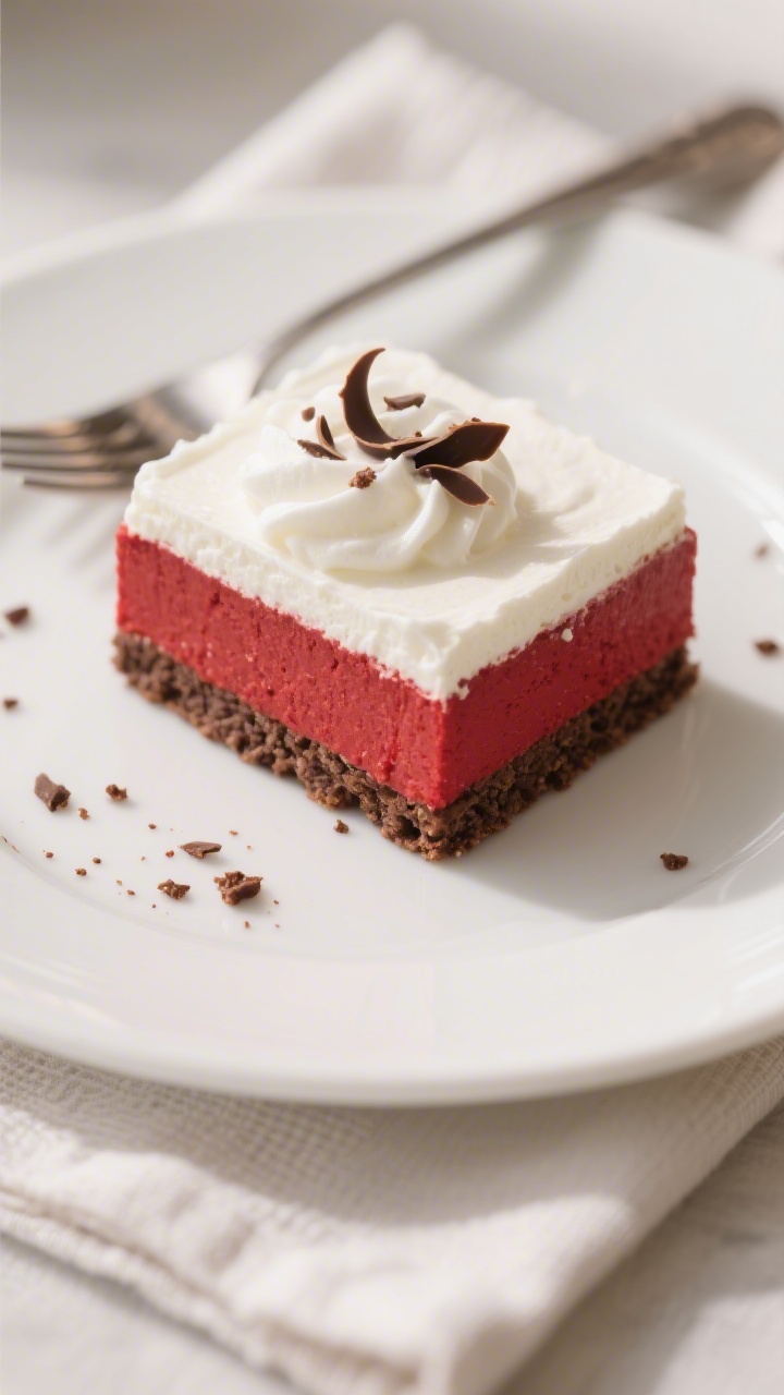 Final plated presentation: A clean, sharp square of the red velvet no-bake bar on a matte white dess