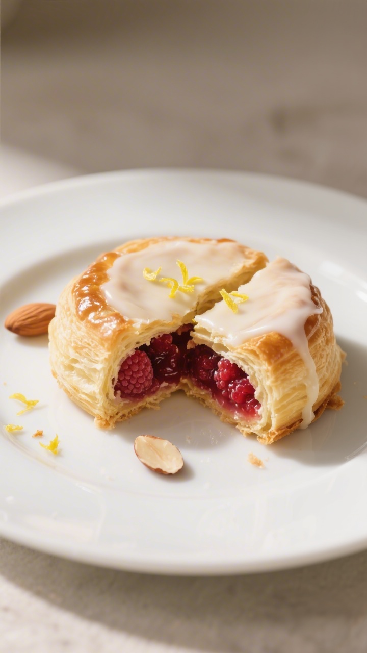 Final plated presentation: a single puff pastry on a matte white dessert plate, split to reveal glos