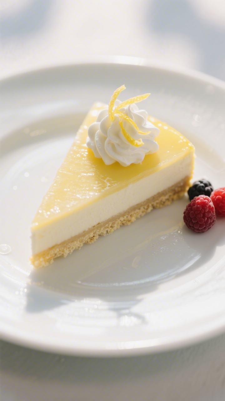 Final plated presentation of a single wedge of the chilled lemon dessert on a white ceramic plate, s