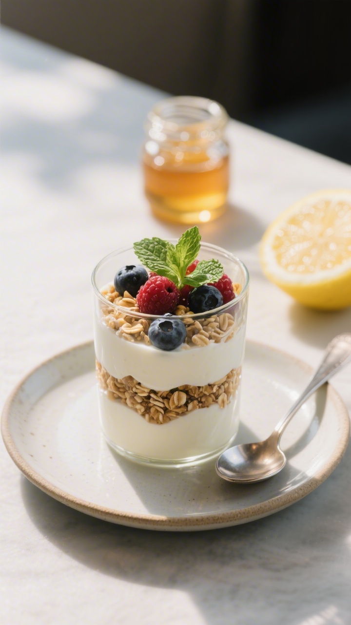 Final plated presentation: Restaurant-quality hero shot of a single parfait set on a small ceramic p