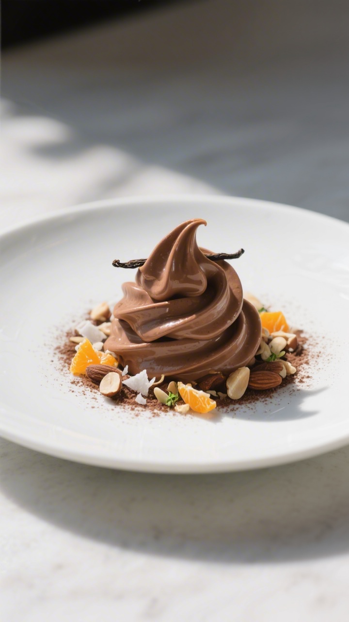 Final plated presentation: Restaurant-quality plating of the creamy chocolate-peanut butter yogurt d