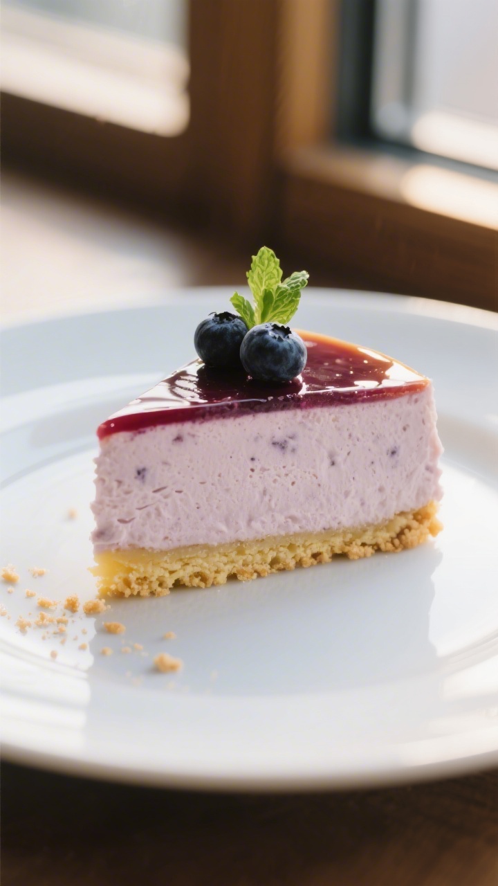Final plated slice detail: Close-up of a single, clean-cut slice of berry mousse cake on a matte whi