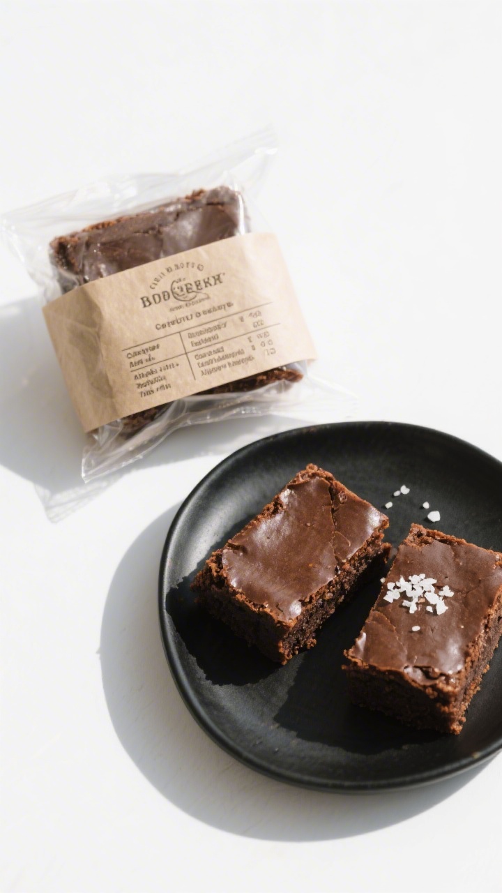 Final presentation and packaging shot: individually wrapped brownie squares in parchment sleeves, th