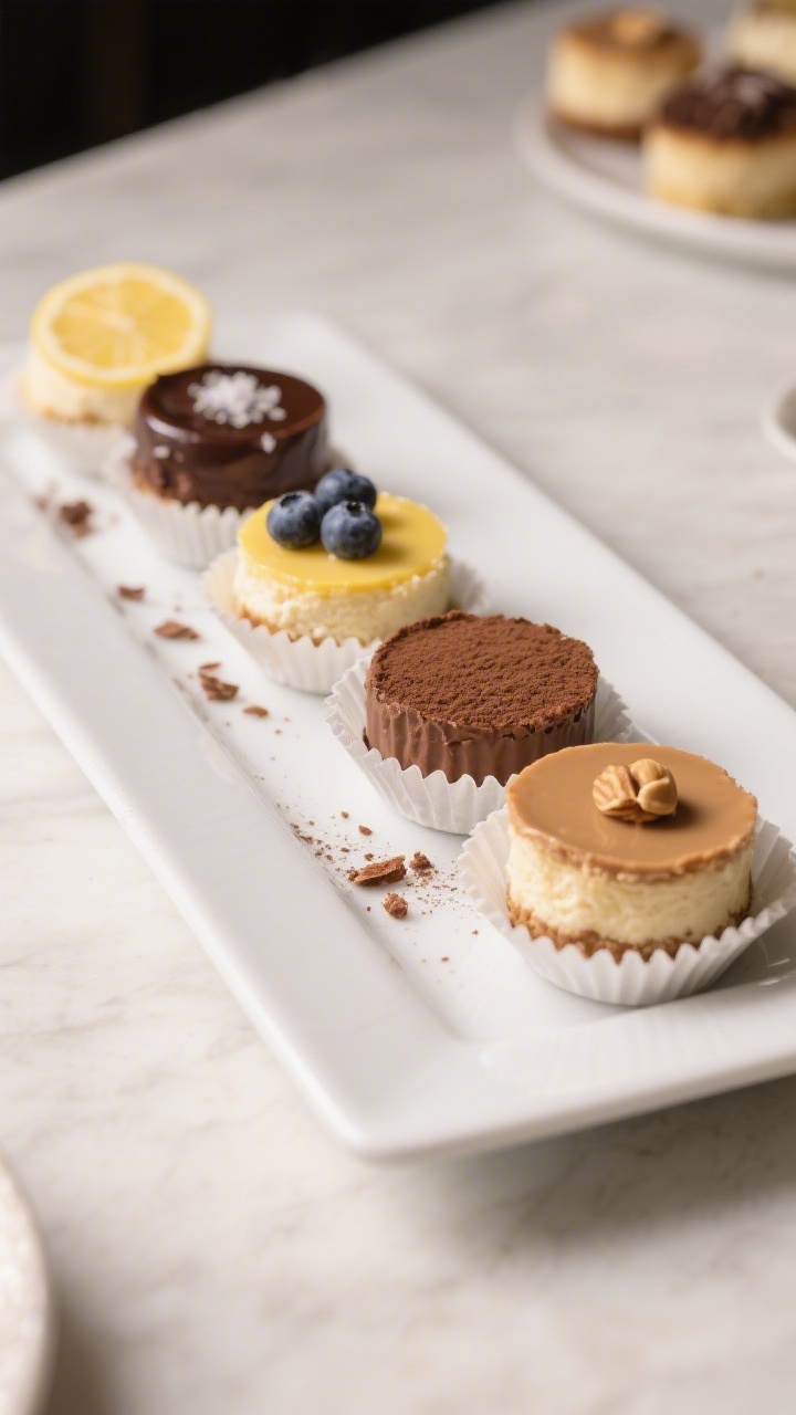 Final presentation platter: beautifully arranged assortment of mini cheesecakes on a matte white rec