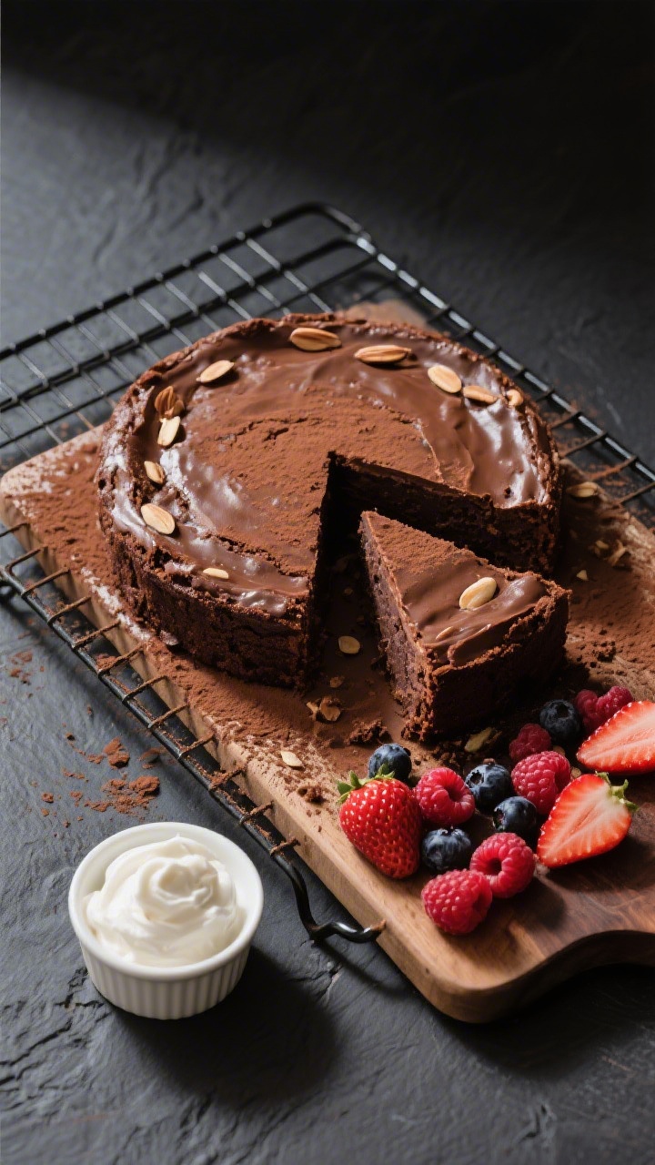 Final presentation top view: Tasty overhead shot of the fully cooled chocolate almond cake on a wire