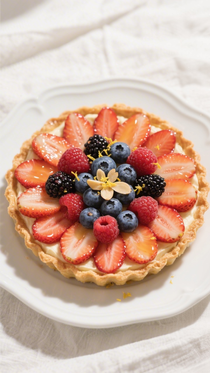 Final presentation, top view: Tasty top-down shot of the finished berry mascarpone tart arranged in 