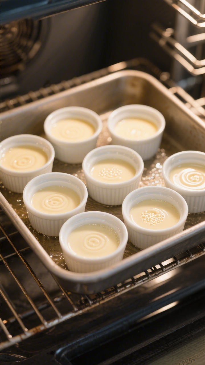 Overhead “in-oven” setup shot: of six white ramekins filled with pale vanilla custard sitting in